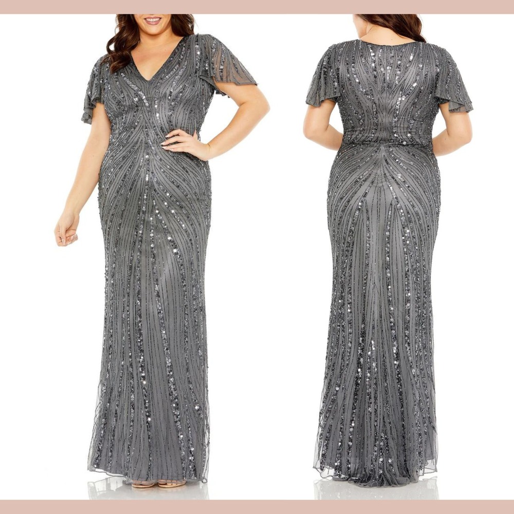 NWT Mac Duggal [ 16W ] 5945 Embellished Flutter Sleeve Gown in Pewter Grey S1806
